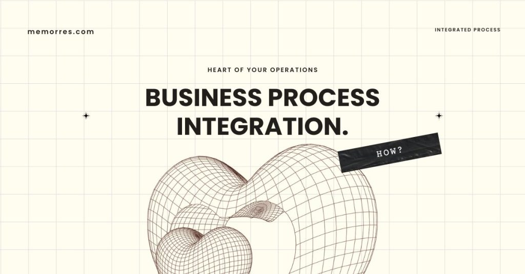 
The image is a stylized banner for business process integration services from memorres.com. It features the bold text "BUSINESS PROCESS INTEGRATION" with a subtitle "HEART OF YOUR OPERATIONS" against a grid background. A three-dimensional wireframe heart image symbolizes the central role of integrated processes in business, with a label pointing to it asking "HOW?". The design conveys a theme of centralizing business operations through integration.