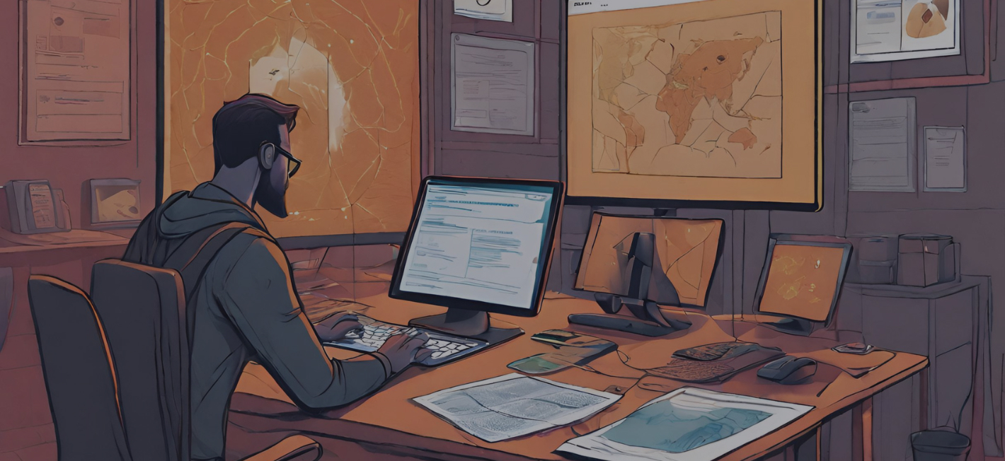 Illustrated scene of a man working at a sophisticated digital risk assessment command center with multiple screens showing maps and data analytics.