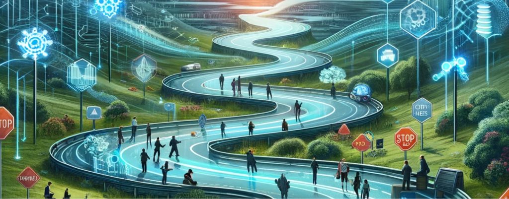 A futuristic landscape depicts a winding road stretching into the horizon, surrounded by digital clouds and data streams. Along the road, signposts and obstacles symbolize digital transformation challenges like cybersecurity threats, data privacy concerns, and the need for rapid technological adaptation. A diverse group of business leaders and IT professionals collaborates to navigate these hurdles, embodying teamwork and innovation in the face of digital advancement.