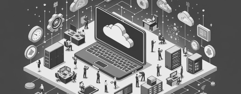 Isometric illustration of a digital transformation workspace with professionals engaging in cloud computing and data management activities, highlighting a networked environment with servers and a central laptop displaying a cloud icon.