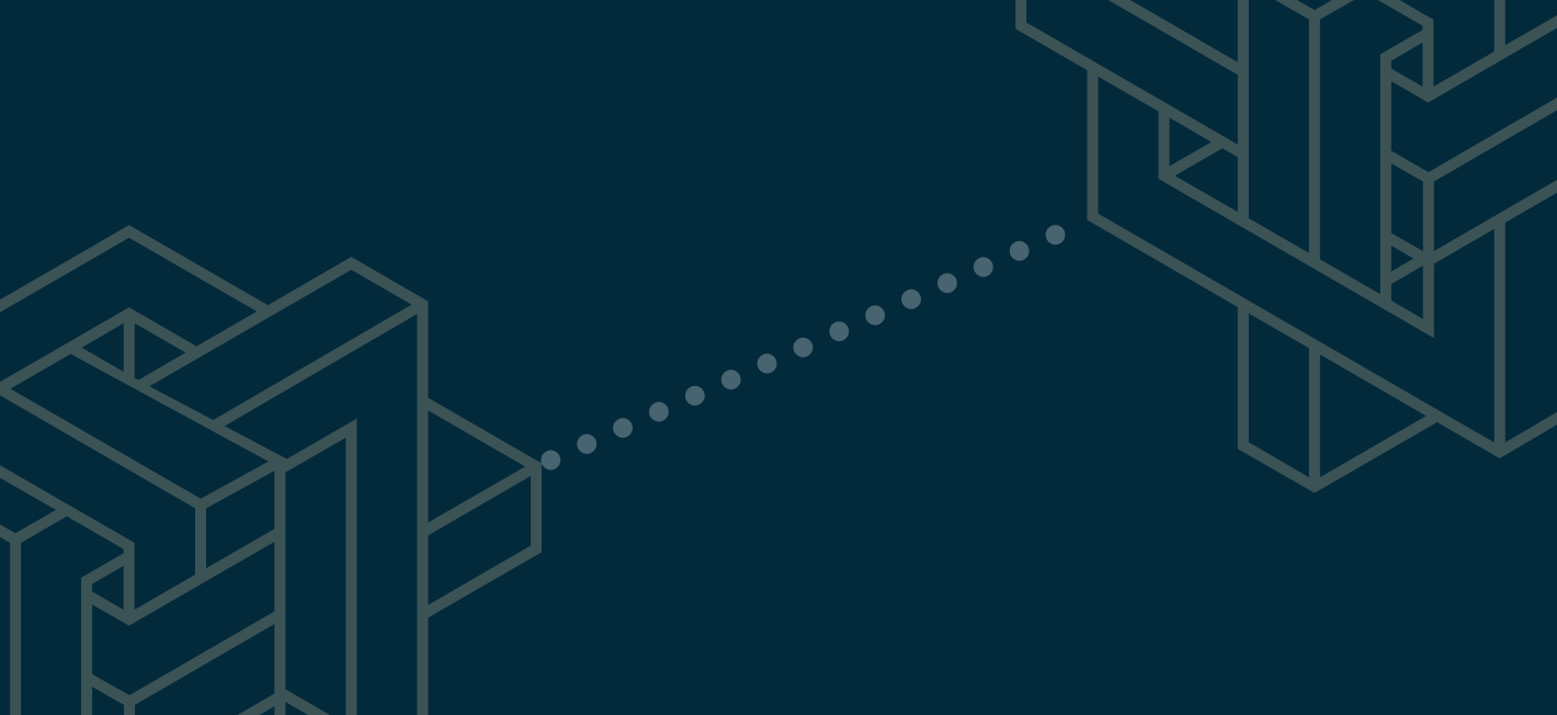 Abstract isometric graphic representing a digital maturity assessment path with two distinct structures connected by a dotted line, symbolizing the progression stages in a digital transformation journey