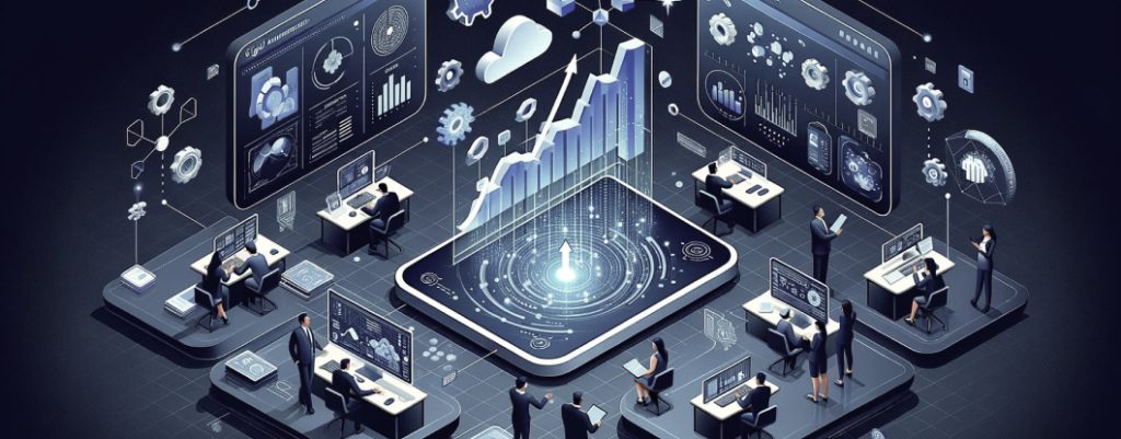 Isometric illustration of a digital maturity assessment in a corporate setting, with professionals interacting with digital displays and devices showing abstract data visualizations and connectivity, amid icons representing cloud computing and network infrastructure.