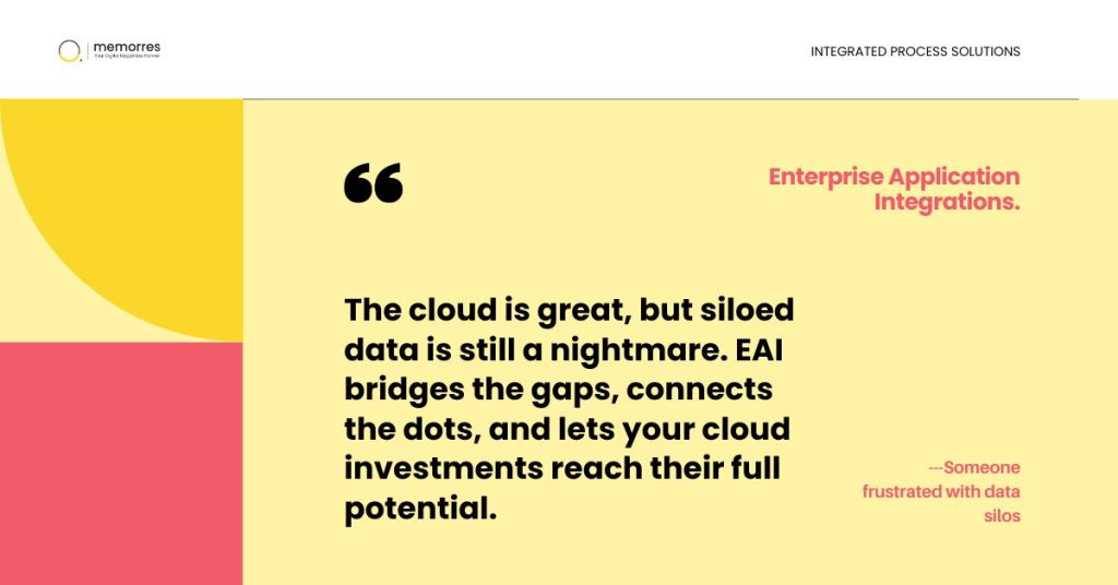 The image features a vibrant, color-blocked design with a quote emphasizing the value of Enterprise Application Integration (EAI). It contrasts the benefits of cloud computing with the challenges of isolated data, advocating for EAI as a solution to leverage full cloud potential. The design includes the logo of "memorres" and a caption attributing the quote to "Someone frustrated with data silos."